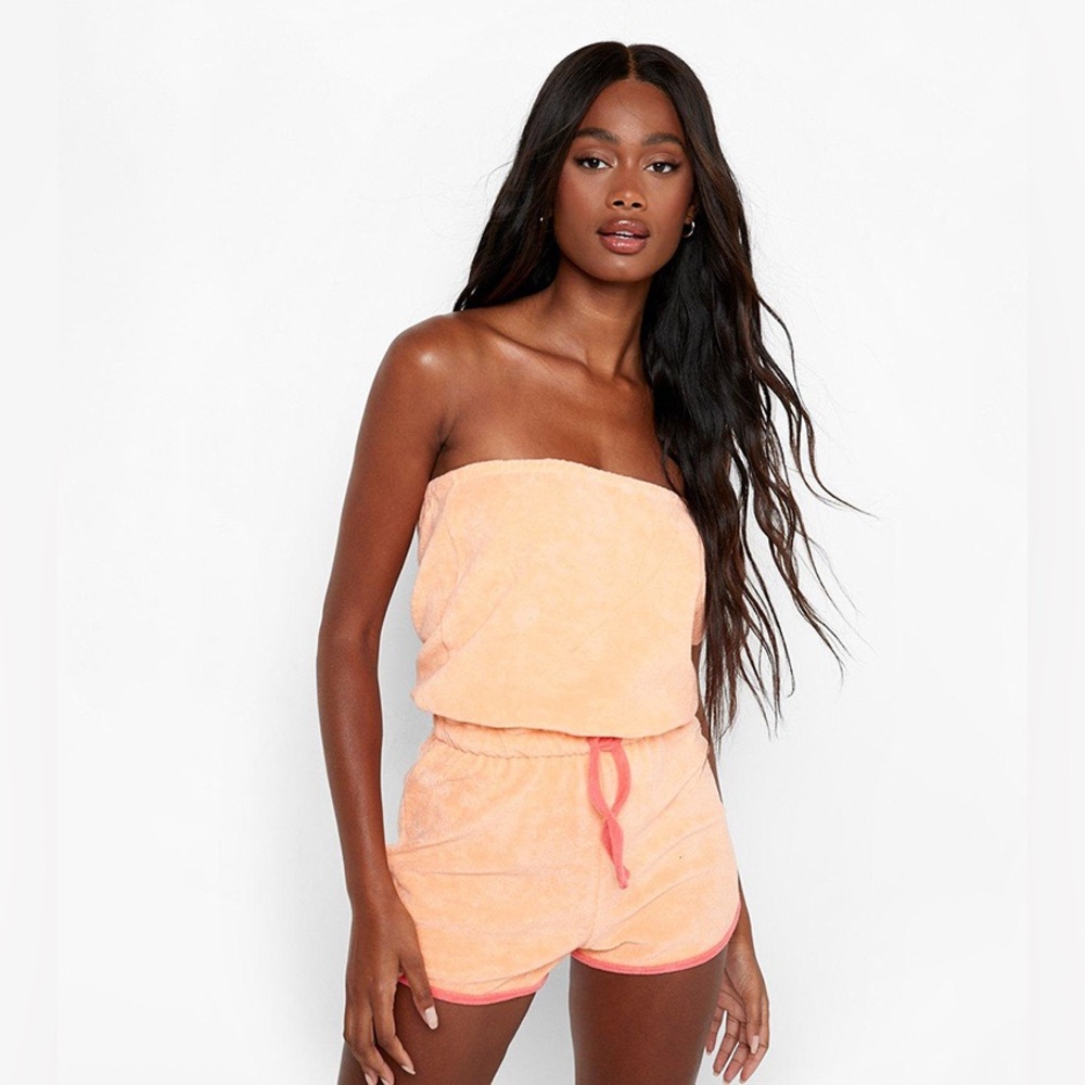 Boohoo Contrast Towelling Bandeau Beach Playsuit